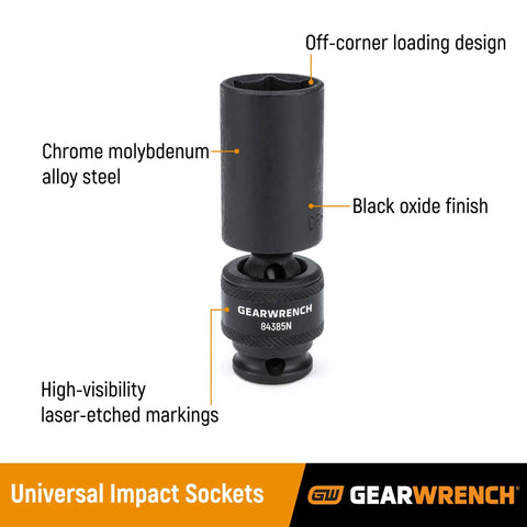 Beefy 10 Piece Deep 3/8 Inch Drive 6 Point Universal Impact Socket Set Metric, Cr-Mo steel with off-corner loading design.