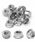 M5 Flange Nuts 30 Pack Serrated Hex Lock Nuts Stainless Steel 304 heavy duty fasteners, showing multiple nuts from various angles.