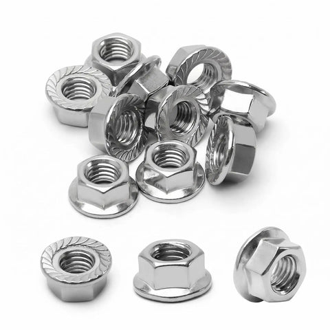 M5 Flange Nuts 30 Pack Serrated Hex Lock Nuts Stainless Steel 304 heavy duty fasteners, showing multiple nuts from various angles.