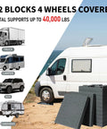 Heavy Duty RV Camper Leveling Blocks 12 Pack With Interlocking Stabilizer Jack Pads For Trailer Rig Ground Support Hella Sweet Campout Setup Gear In Durable Gray on a beach, supporting vehicles.