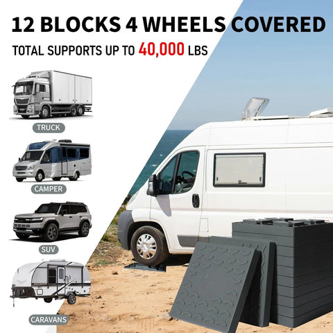 Heavy Duty RV Camper Leveling Blocks 12 Pack With Interlocking Stabilizer Jack Pads For Trailer Rig Ground Support Hella Sweet Campout Setup Gear In Durable Gray on a beach, supporting vehicles.