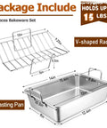 Heavy Duty Stainless Steel Roasting Pan With V Rack For Turkey And Chicken, Toaster Oven Safe Rectangular Bakeware With Sturdy Handles