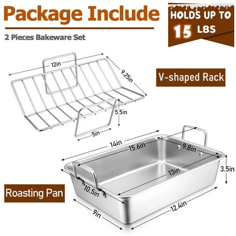 Heavy Duty Stainless Steel Roasting Pan With V Rack For Turkey And Chicken, Toaster Oven Safe Rectangular Bakeware With Sturdy Handles