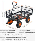 Heavy Duty Steel Garden Dump Cart That Hauls Big Loads With Eight Hundred Eighty Pound Capacity Three Point Two Cubic Feet Dump Space shown with orange wheels and handle