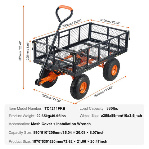 Heavy Duty Steel Garden Dump Cart That Hauls Big Loads With Eight Hundred Eighty Pound Capacity Three Point Two Cubic Feet Dump Space shown with orange wheels and handle