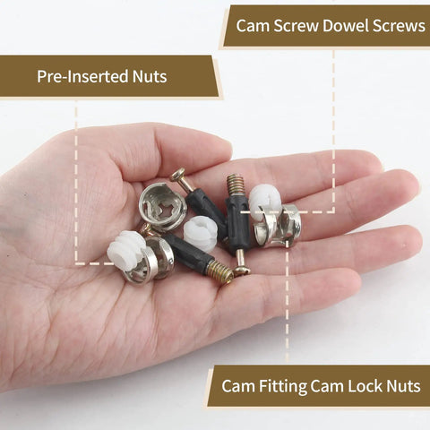 Top Shelf Three In One Cam Lock Fittings Set in a hand, includes cam lock nuts and dowel screws, ideal for cabinet assembly.