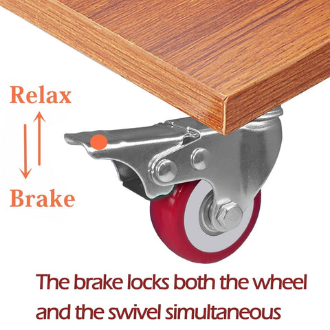 2-inch caster wheel with brake; red polyurethane wheel on a swivel plate under a wooden table; set of 4 with mounting screws.