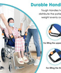 Blue four-handle patient lift transfer belt to assist lifting an elderly patient to a wheelchair (front view).