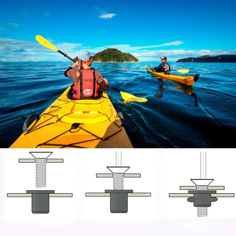 Two kayakers on water with 63 Piece M4 M5 M6 Rubber Well Nuts Kit With Premium Brass Insert Bushings for fastening.