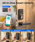 Smart Deadbolt Keyless Entry Door Lock Boasting AI Powered Fingerprint Recognition That Slips in Under Half A Second plus Bluetooth App Integration and Keypad Backup Provide Gnarly Convenience and Secure Peace of Mind in Slick Black, showcasing app unlock and keypad functionality.