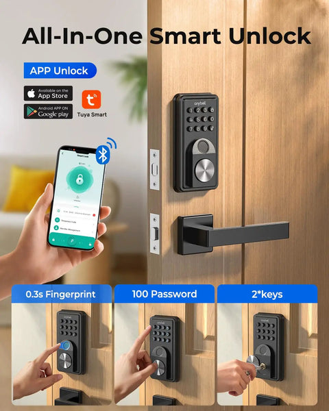 Smart Deadbolt Keyless Entry Door Lock Boasting AI Powered Fingerprint Recognition That Slips in Under Half A Second plus Bluetooth App Integration and Keypad Backup Provide Gnarly Convenience and Secure Peace of Mind in Slick Black, showcasing app unlock and keypad functionality.