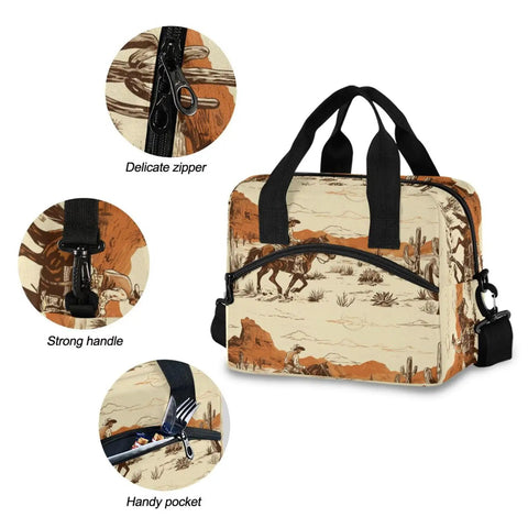 Desert Cowboy Vibe Cooler Bag for lunch with rugged Oxford fabric, showing delicate zipper, strong handle, and handy pocket.