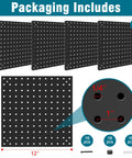 Heavy Duty Steel Pegboard Panels Pack Of 4 12x12 Inches Black, front view with mounting hardware and hole size details.