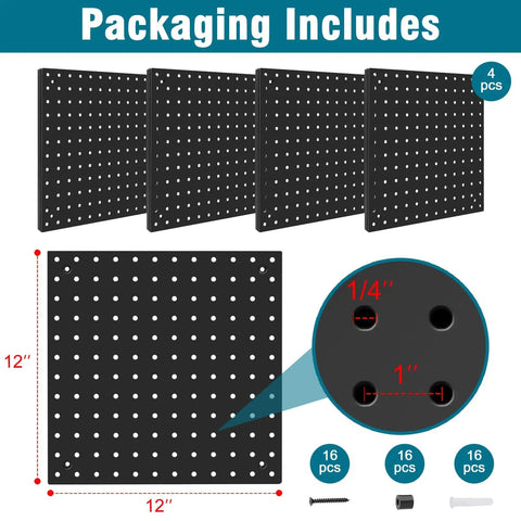 Heavy Duty Steel Pegboard Panels Pack Of 4 12x12 Inches Black, front view with mounting hardware and hole size details.
