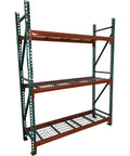 Built Tough Teardrop Pallet Rack Frame With Center Reinforcing Rib And Impact Resistant Columns 24 Inch Deep By 96 Inch Tall, showcasing three shelves.