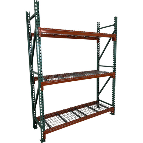 Built Tough Teardrop Pallet Rack Frame With Center Reinforcing Rib And Impact Resistant Columns 24 Inch Deep By 96 Inch Tall, showcasing three shelves.
