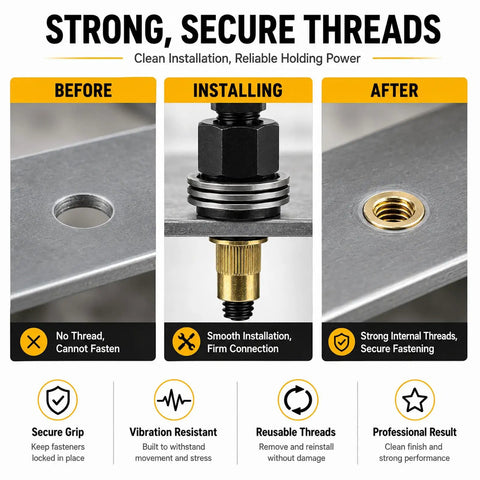 Heavy Duty Carbon Steel Manual Rivet Nut Tool Kit With Interchangeable Heads For Threaded Inserts Multi Size Set For Sheet Metal Tubing Brackets And Furniture Repairs DIY Friendly Pro Grade showing before-after install