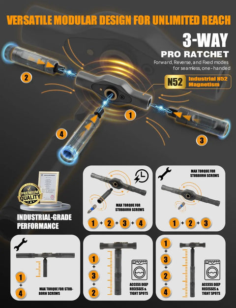 Top Shelf Heavy Duty 42 Piece Magnetic Ratchet Screwdriver Set With S2 Steel Bits ergonomic modular three-way ratchet design.