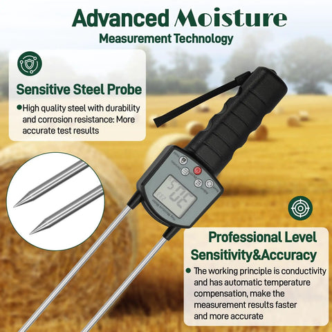Portable Hay Moisture Meter With Backlit Display And Probe, Fast And Precise Readings From 0 To 80 Percent, About Half Percent Error, Handy On The Go For Bales And Forage Like Alfalfa And Orchard Grass, steel probe