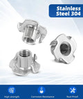 Heavy Duty T Nuts For 3/8-16 Thread Built Like A Tank Using 304 Stainless Steel Rust Proof Shield For Rock Solid Furniture Buildouts Cabinetry And Sick Rock Climbing Hold Mounts 10 Piece Pack, showing three T-nuts.
