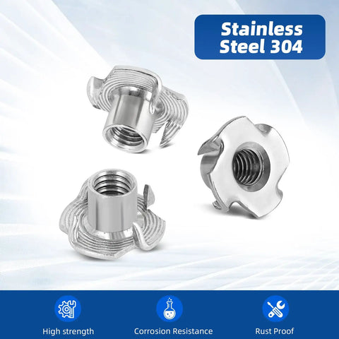 Heavy Duty T Nuts For 3/8-16 Thread Built Like A Tank Using 304 Stainless Steel Rust Proof Shield For Rock Solid Furniture Buildouts Cabinetry And Sick Rock Climbing Hold Mounts 10 Piece Pack, showing three T-nuts.