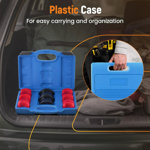 Open plastic case showing Fork Seal Driver Tool Kit For Motorcycles And Bikes Pro Grade 14 Piece Set With Adapters 35 36mm.