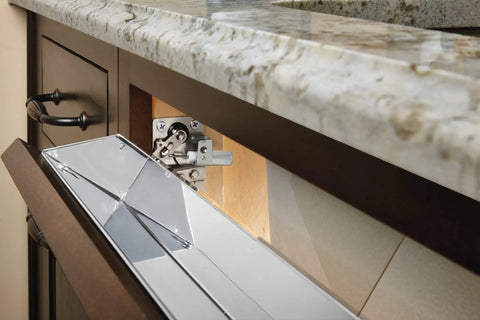 50° opening cabinet with Soft Close Pivot Hinge Pair, featuring patented soft close tech, stiffening ribs, 1x2 5/8x3 7/8 in dimensions.