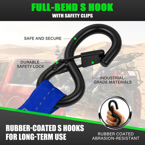 Self Retracting Tie Down Straps Heavy Duty Cargo Ratchet Harness Truck Bed Hauling Gear with rubber-coated S hook and safety clips.