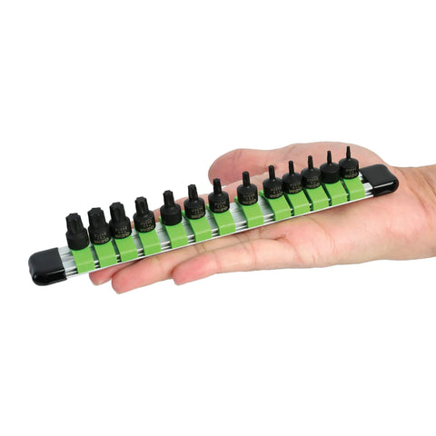 Hand holding Stubby Torx Bit Socket Set 13 Piece With One Quarter Inch Drive Includes T7 Through T50 For Tight Spaces