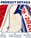 Close-up of 250th Anniversary Patriotic Fourth Of July Picnic Table Cover showing windproof edges, waterproof polyester, and design.