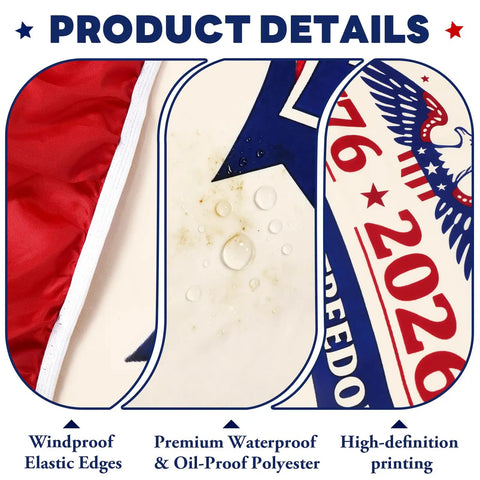 Close-up of 250th Anniversary Patriotic Fourth Of July Picnic Table Cover showing windproof edges, waterproof polyester, and design.