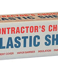 Box of "Contractor's Choice Plastic Sheeting" labeled for Heavy Duty Clear Plastic Sheeting 12 Ft By 100 Ft 6 Mil Thick Vapor Barrier Film