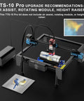 Twotrees TTS-10 Pro laser engraver front view; black frame with blue modules and power supply, engraving on metal.