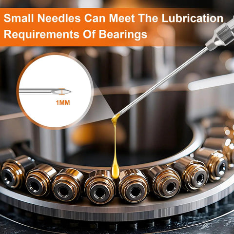 Grease needle applying lubricant to bearings, part of 4 Piece Quick Connect Greasing Accessory Kit With 90 Degree Coupler, Grease Needle Dispenser And Nozzles, Cleaning Tool, And Sturdy Portable Storage Box For Reaching Any Grease Fitting On Any Machine.
