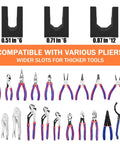 Expandable Magnetic Plier Organizer with 24 holder rack, showing 0.51, 0.71, 0.87 inch slots compatible with various plier sizes.