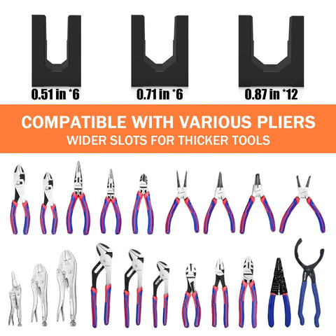 Expandable Magnetic Plier Organizer with 24 holder rack, showing 0.51, 0.71, 0.87 inch slots compatible with various plier sizes.