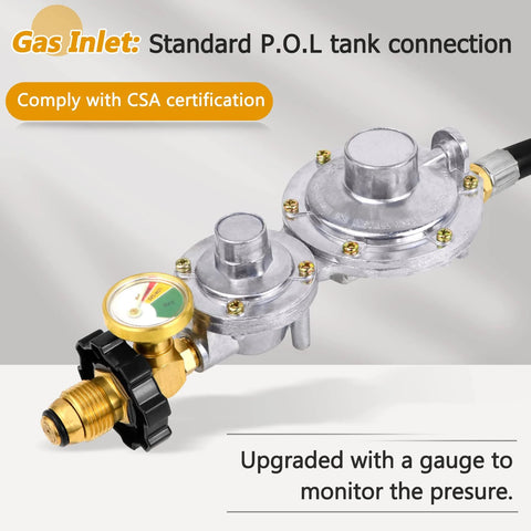 Azdele two-stage propane regulator with 5ft hose and gauge, standard P.O.L tank inlet, 3/8in female flare