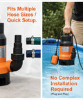 Grab And Go Submersible Utility Pump With Automatic Float Switch No Sweat Water Extractor For Garden Ponds And Pool Draining Plus Basement Flood Cleanup One Half HP 1320 GPH visible with multiple hose fittings and being held above water.