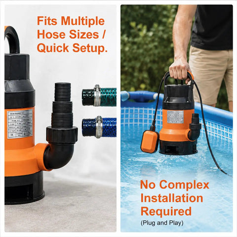 Grab And Go Submersible Utility Pump With Automatic Float Switch No Sweat Water Extractor For Garden Ponds And Pool Draining Plus Basement Flood Cleanup One Half HP 1320 GPH visible with multiple hose fittings and being held above water.