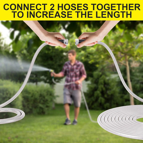 FOXEASE metal water hose, 25 ft, stainless steel; close-up of two connectors being joined