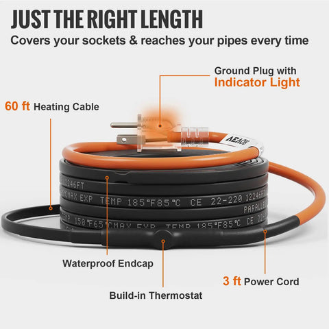 Self Regulating Pipe Heating Cable 60 Feet 5W Per Foot Heat Tape For Freeze Protection with power cord and plug indicator