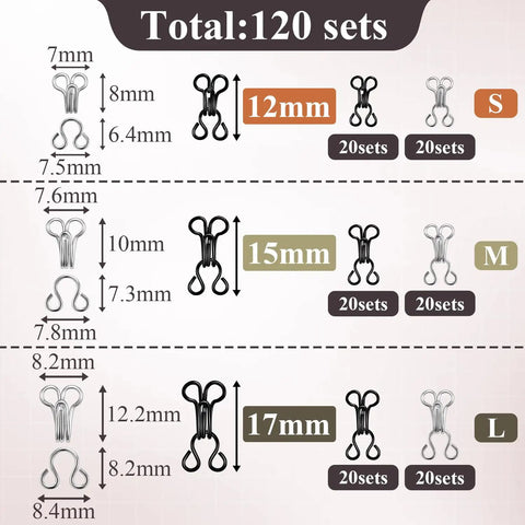 120 Sets Tiny Hooks And Eyes Closures For Sewing, Bra Hook Replacement Clasps, Hook And Eye Clasp For Clothing sizes chart