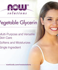 Smiling woman with text about Pure Vegetable Glycerin 100 Percent Hydration for Skin Care, Deep Moisturizing, and Softening.