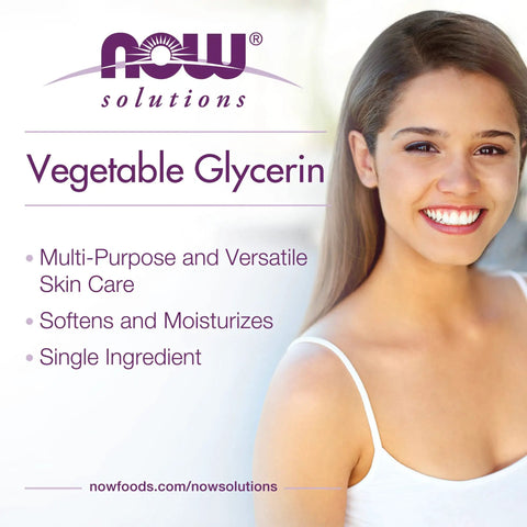 Smiling woman with text about Pure Vegetable Glycerin 100 Percent Hydration for Skin Care, Deep Moisturizing, and Softening.