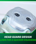 Close-up of 21-degree framing nailer head showing guard design. Lightweight 7.5 lb tool for framing, roofing, decking projects.