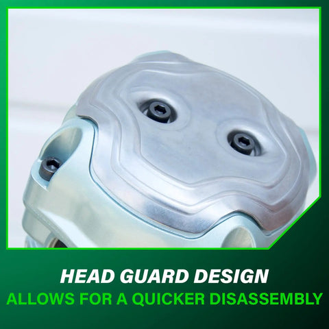 Close-up of 21-degree framing nailer head showing guard design. Lightweight 7.5 lb tool for framing, roofing, decking projects.