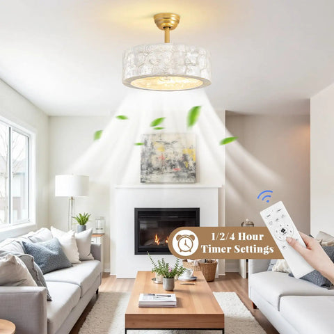 17.7Inch Shell Fandelier Ceiling Fan with Light,Boho Caged Chandelier Fan in modern living room, gold frame and shell shade.