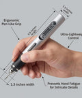 Hand holding USB Rechargeable Mini Engraving Pen Cordless Rotary Tool for Wood Metal Glass with ergonomic grip and dimensions.