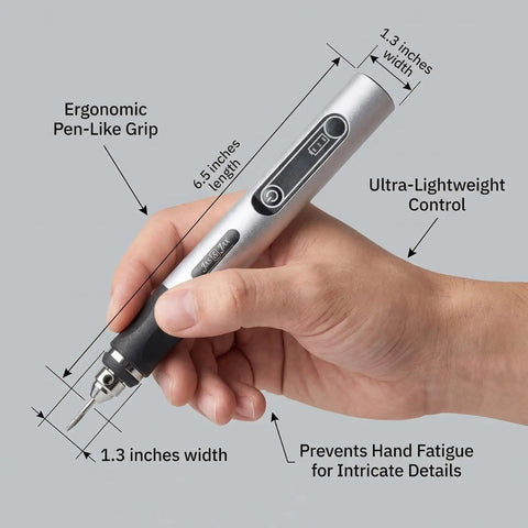 Hand holding USB Rechargeable Mini Engraving Pen Cordless Rotary Tool for Wood Metal Glass with ergonomic grip and dimensions.