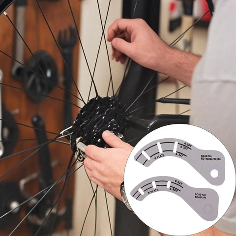 Adjustable Bike Derailleur Gauge For 12 Speed Electronic Drivetrains promotes smooth shifts, tool-free setup on a road bike wheel.